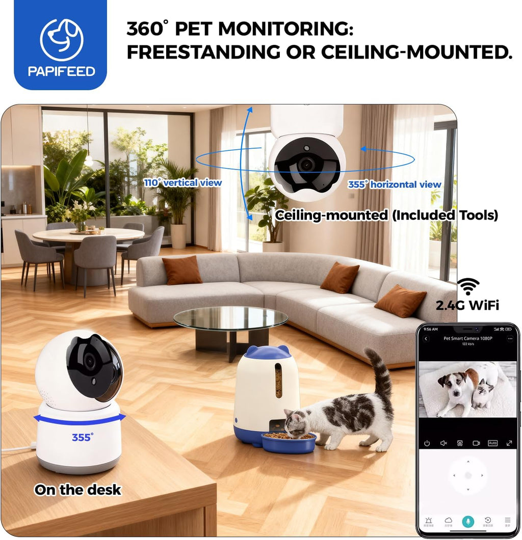 PAPIFEED 2-in-1 Automatic Cat Feeder and Pet Camera Combo, 1080P HD & 360°Pan-Tilt, 3L Cat Food Dispenser with App, 2.4G WiFi Timed Cat Feeder for Dry Food, Automatic Cat Feeder with Camera