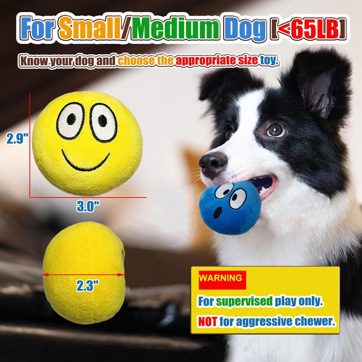 HOLYSTEED Plush Squeaky Dog Toys for Small, Medium Breeds, 2.9" Flat Balls | 3.0"x2.9"x2.3" Assorted Flat Balls 4pcs, Soft Puppy Squeak Toy Stuffed, Smile Face Pet Toy with Squeaker for Indoor, Outdoor