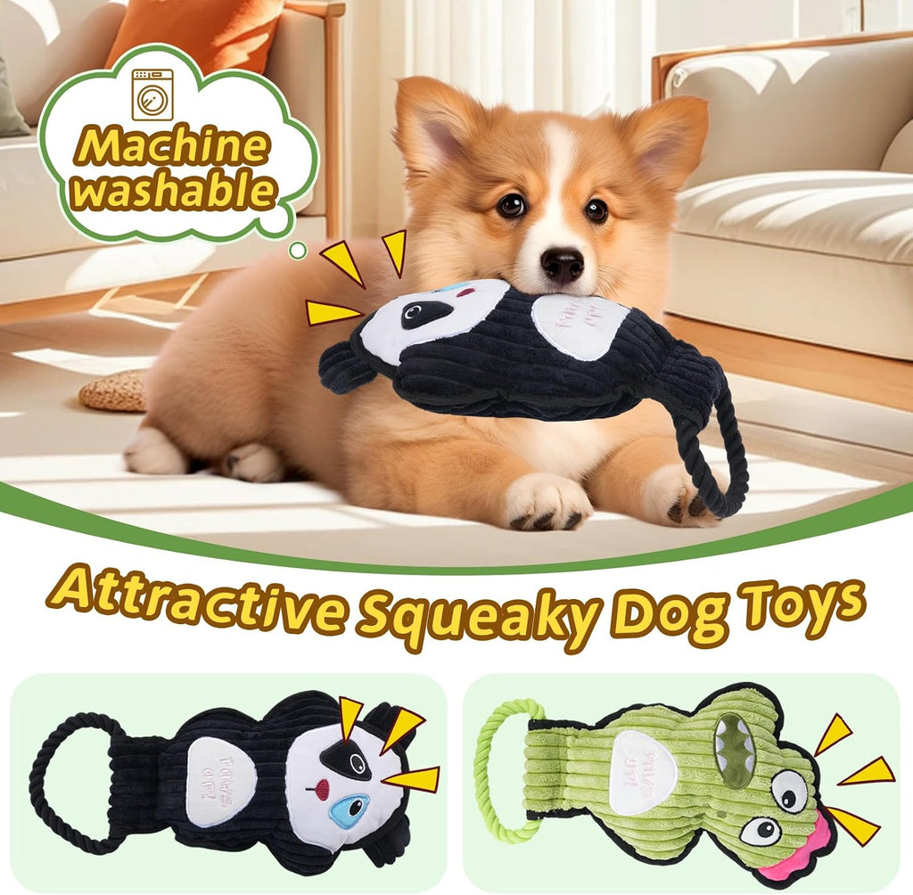 2-Pack Crinkle and Squeaky Dog Toys & Tough Tug of War Set - No Stuffing Chew-Resistant Plush Toys to Keep Them Busy, Best Birthday Gift for Small/Medium/Large Breeds (Panda & Dino)