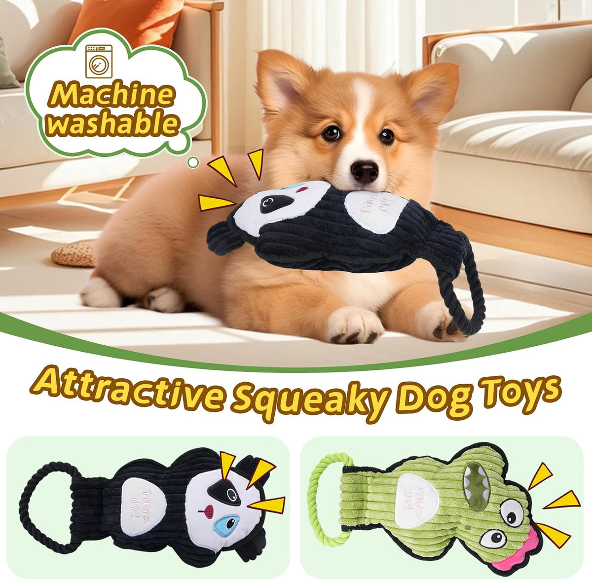 2-Pack Crinkle and Squeaky Dog Toys & Tough Tug of War Set - No Stuffing Chew-Resistant Plush Toys to Keep Them Busy, Best Birthday Gift for Small/Medium/Large Breeds (Panda & Dino)