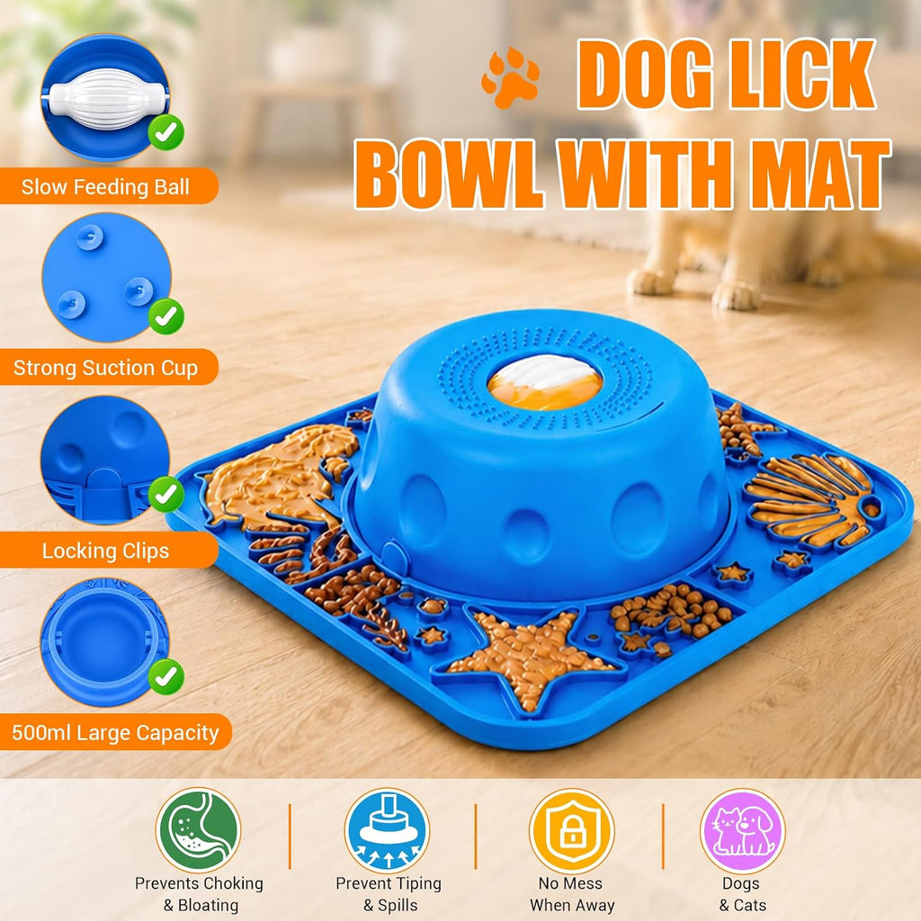 2-in-1 Slow Feeder Dog Bowl with Rolling Ball, Dog Lick Bowl & Lick Mat