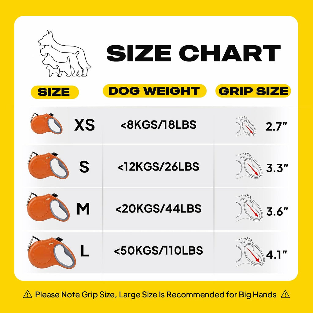 Fida Retractable Dog Leash, 16ft Heavy Duty Pet Walking Leash for Medium/Large Dog up to 110 lbs, Tangle Free. One-Hand Brake (Large, Orange)