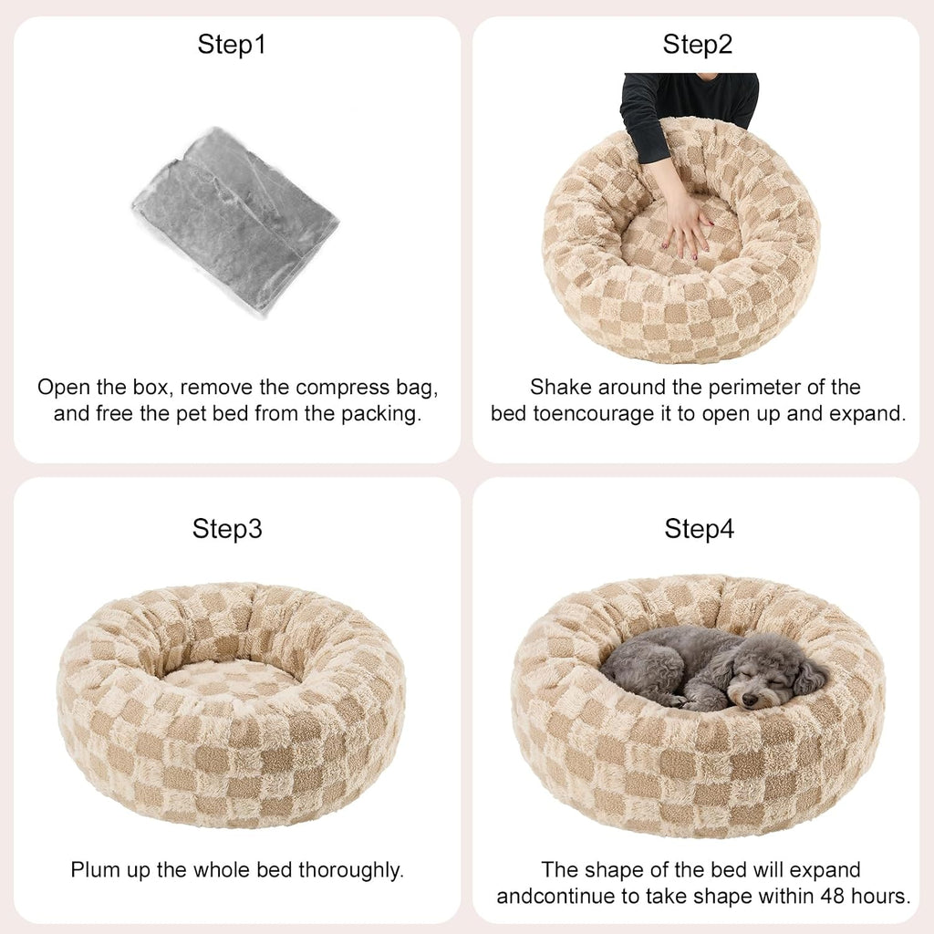 Dog Calming Beds for Small Medium Large Dogs - Round Donut Washable Puppy Dog Bed, Anti-Slip Faux Fur Fluffy Donut Cuddle Anxiety Cat Pet Bed (24" Grid)