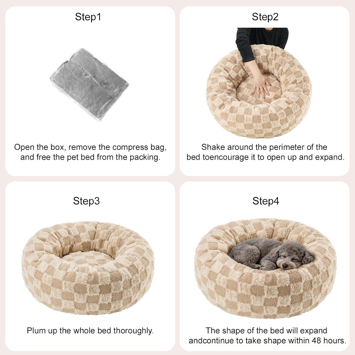 Dog Calming Beds for Small Medium Large Dogs - Round Donut Washable Puppy Dog Bed, Anti-Slip Faux Fur Fluffy Donut Cuddle Anxiety Cat Pet Bed (24" Grid)