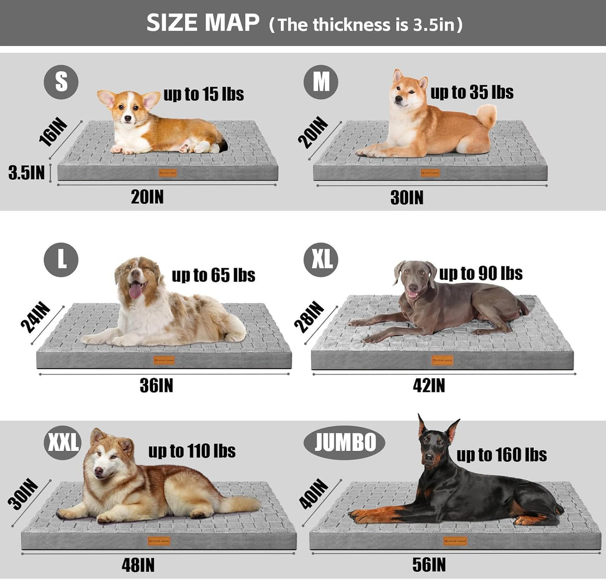 Patas Lague Orthopedic Large Dog Bed Washable Pet Crate Mat 42''X28'' Grey