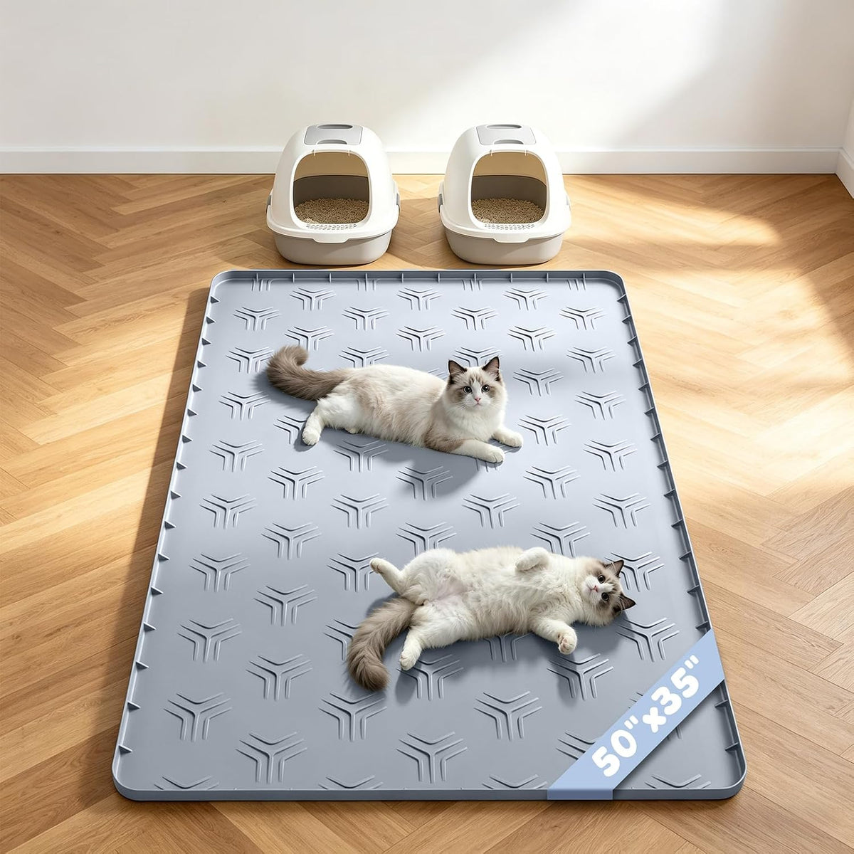 JUJOMAT Cat Litter Box Mat, 50"×35" Large Silicone Cat Litter Trapping Mat | Non-Slip Gray Kitty Litter Mat for Indoor Cats, Waterproof Pet Food Mats Easy to Clean & Soft on Kitty Paws