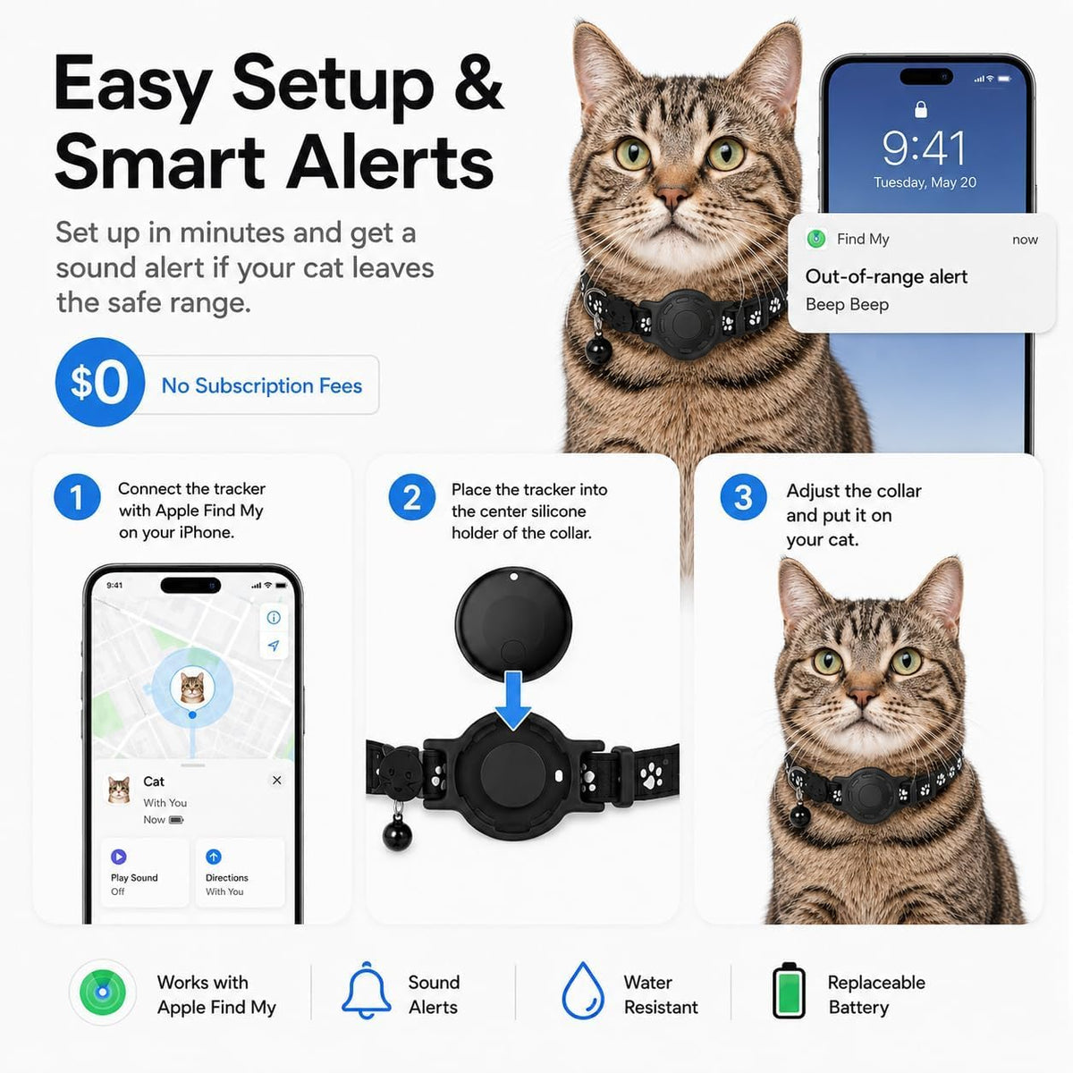 Cat Collar (iOS Only) - Pet Tracker Compatible with Apple Find My, Waterproof Smart Tag, No Monthly Fee. Advanced Safety Solution for Small & Large Cats.