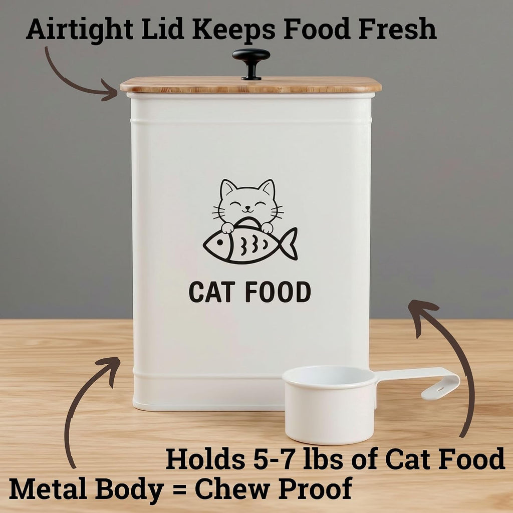 Metal Cat Food Container with Scoop 5-7 lb (25 Cup), w/ Airtight Bamboo Lid