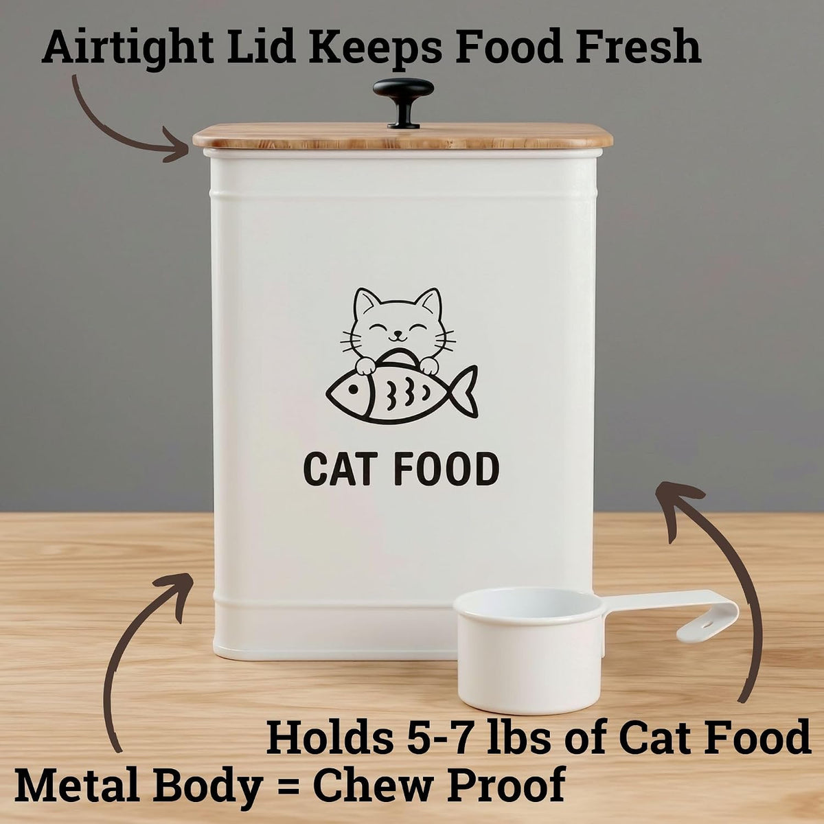 Metal Cat Food Container with Scoop 5-7 lb (25 Cup), w/ Airtight Bamboo Lid