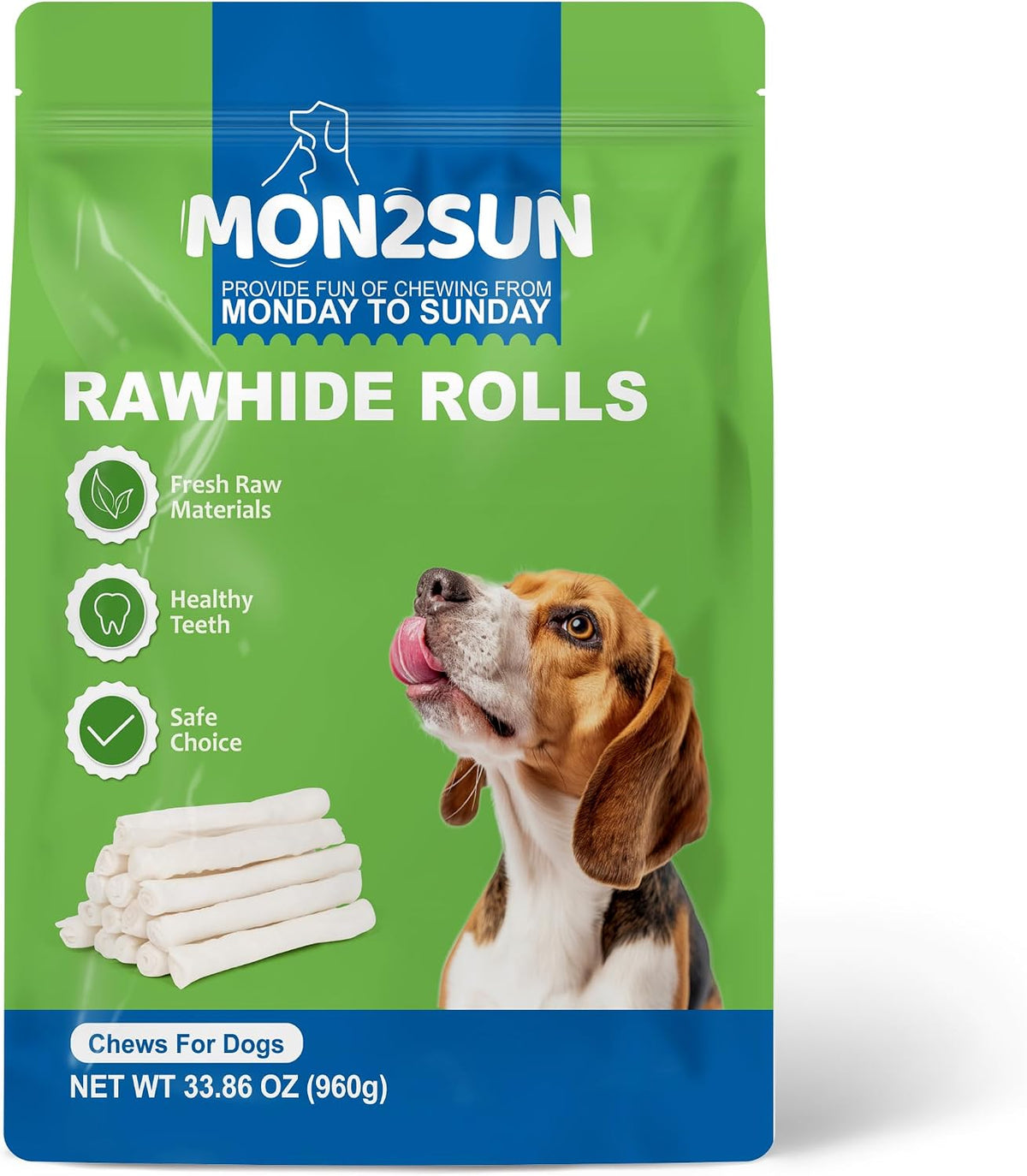 MON2SUN Dog Treats, 6inch Natural Flavor Rawhide Rolls, 33.86 oz