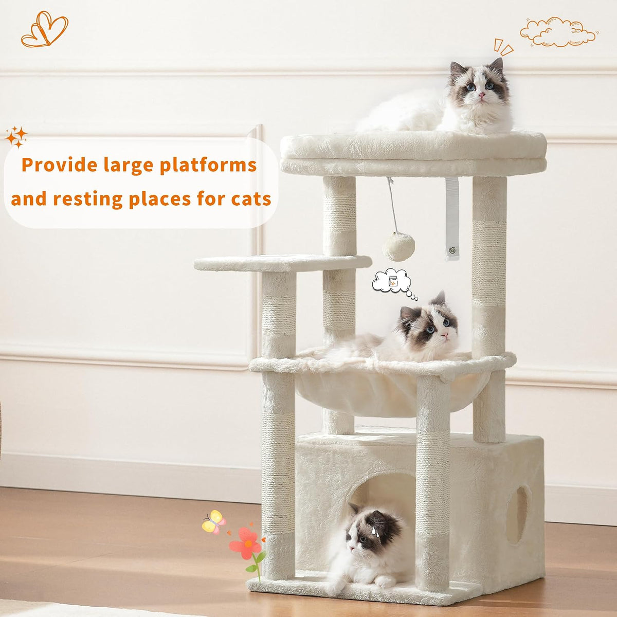 Heybly Cat Tree, Kitten Tower with Large Soft Cat Basket HCT008SM
