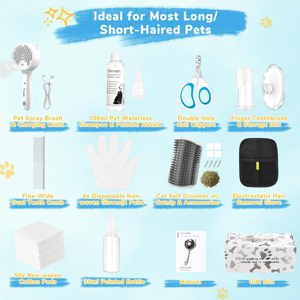 10Pcs Mist Spray Brush Kit for Cats & Dogs, Hair Health & Grooming Set