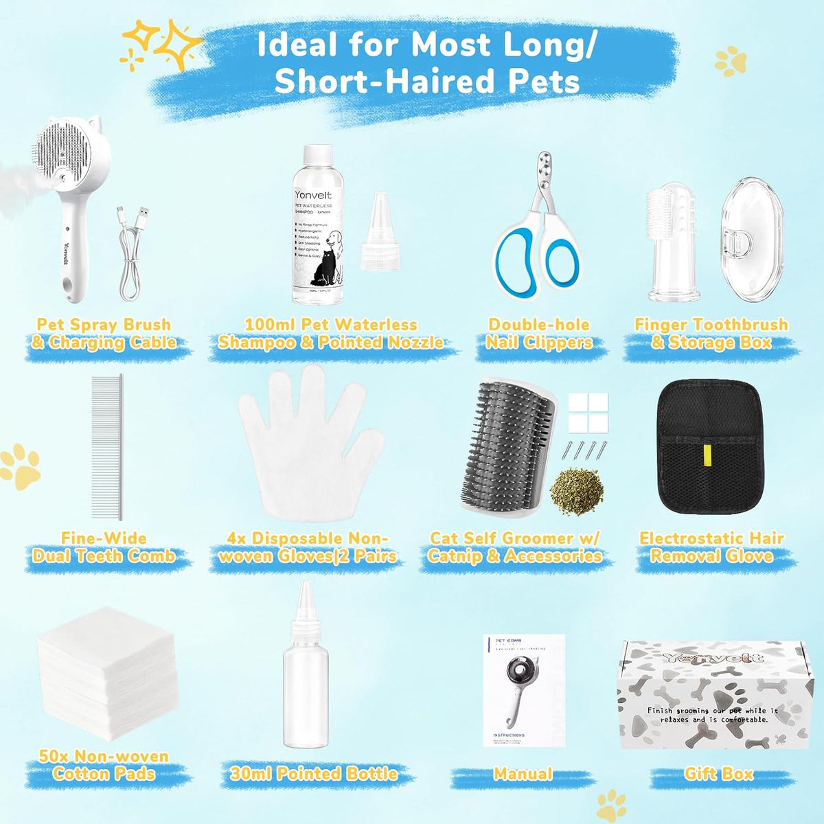 10Pcs Mist Spray Brush Kit for Cats & Dogs, Hair Health & Grooming Set