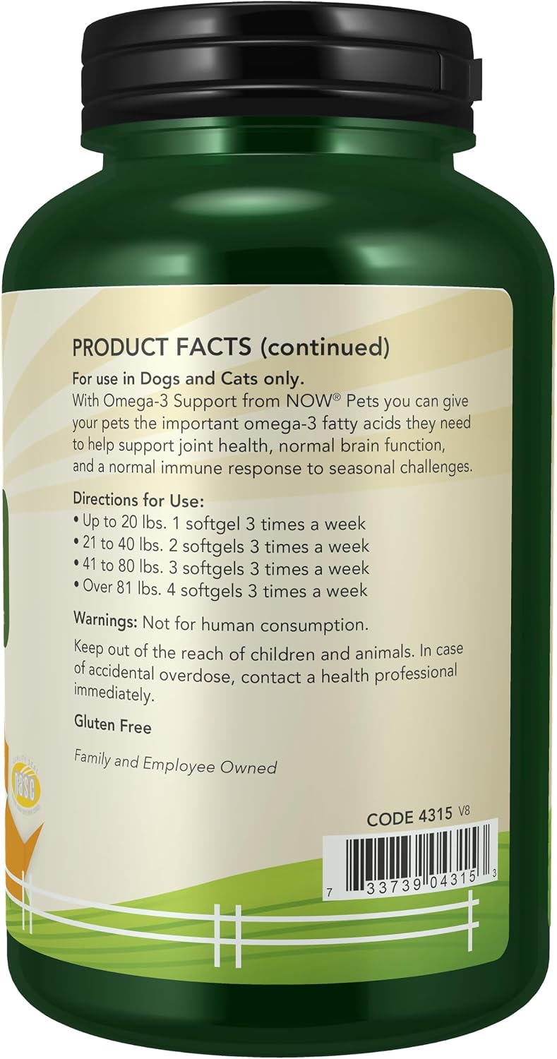 NOW Pet Health, Omega 3 Supplement, For Cats & Dogs, 180 Softgels