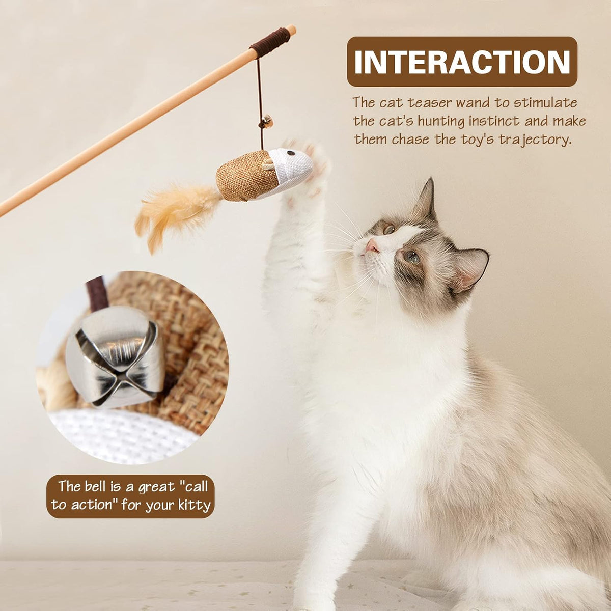 KABB Cat Toys for Indoor Cats, 3pcs 16 Inch Natural Wood Cat Teaser Wand Toy with Teaser Refills for Cat Kitten Having Fun Exerciser Playing, Bonus 5pcs Catnip Sticks for Cat Teeth Cleaning