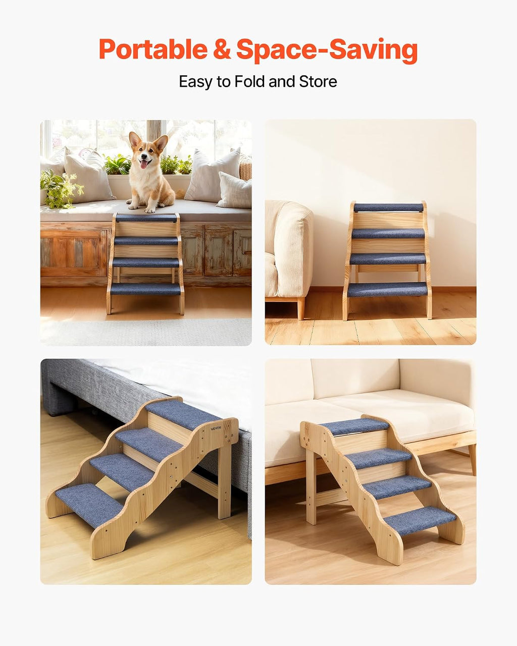 VEVOR Wood Pet Stairs, 4-Step Dog Stairs for High Beds, Sofa & Cars, 150lbs Load Capacity, Non-Slip Surface, Stable Cat & Dog Step Ladder for Small Medium Large Older Pet Puppy Essentials