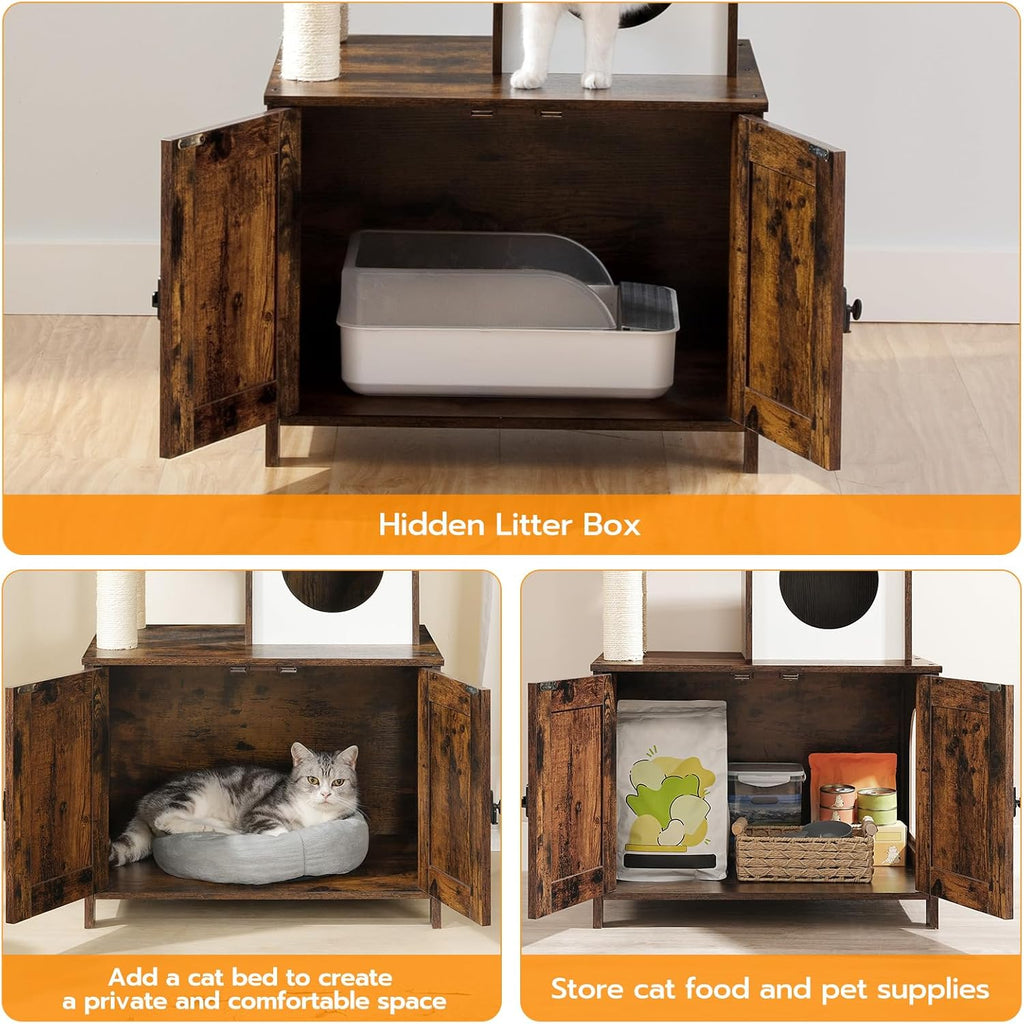 HOOBRO Cat Tree with Litter Box Enclosure for Indoor, Wooden Cat Condo with Scratching Posts, Hidden Litter Box Furniture, All-in-One Cat House, Rustic Brown FG15MZ03