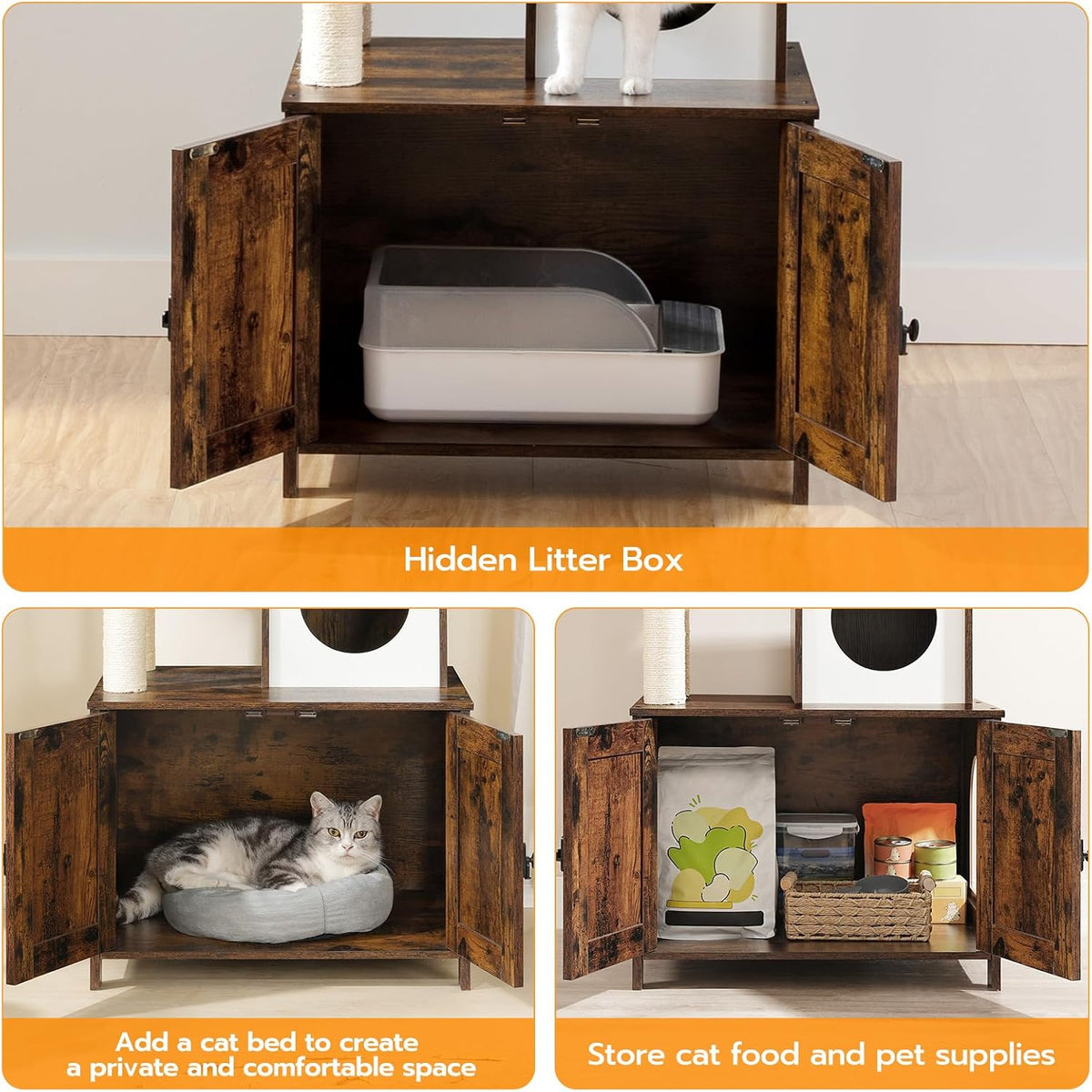 HOOBRO Cat Tree with Litter Box Enclosure for Indoor, Wooden Cat Condo with Scratching Posts, Hidden Litter Box Furniture, All-in-One Cat House, Rustic Brown FG15MZ03