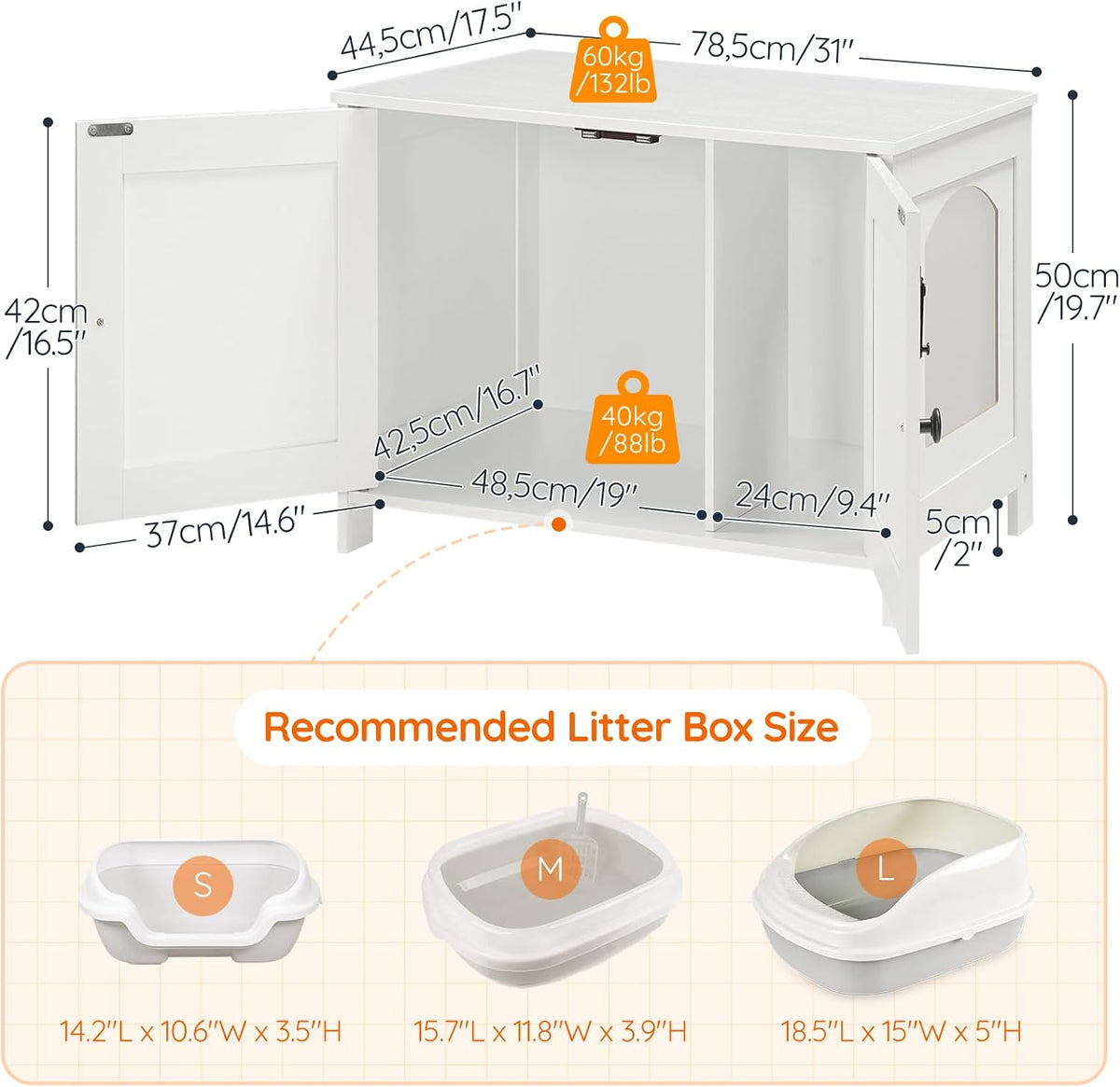 HOOBRO Litter Box Enclosure, Cat Litter Box Furniture with Removable Divider, Large Hidden Litter Box Furniture, Wooden Cat House, End Side Table, 31" L x 17.5" W x 19.7" H, White WT03MW01G2