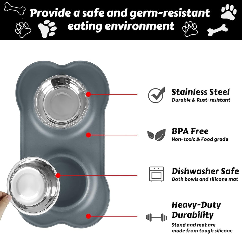 AsFrost Dog Food Bowls, BPA Free Stainless Steel Dog Food and Water Bowl Set, 2 Large Dog Bowls with No Spill Non-Skid Silicone Mat, Dog Dishes for Medium Large Sized Dogs Pet Bowls, 6 Cup, Grey 