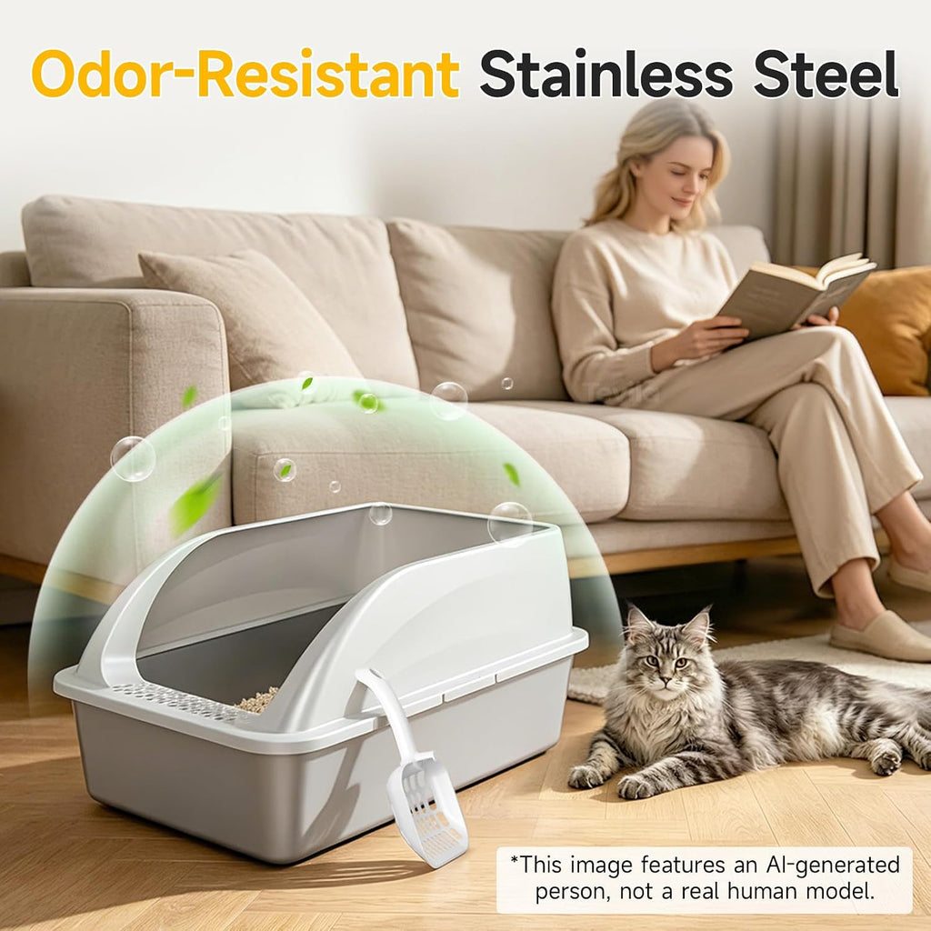 XL Open Top Stainless Steel Litter Box with High Sides,Light Gray | Extra Large Metal Cat Litter Pan , XL Litter Box, Non-Stick Easy Clean Anti-Leak Kitty Litter Pan, Odor Control, Open Top