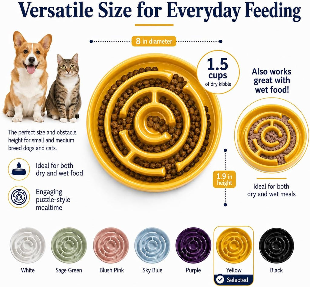 Ceramic Slow Feeder Dog Bowl, 1.5 Cup Puzzle Dish for Small Medium Dogs