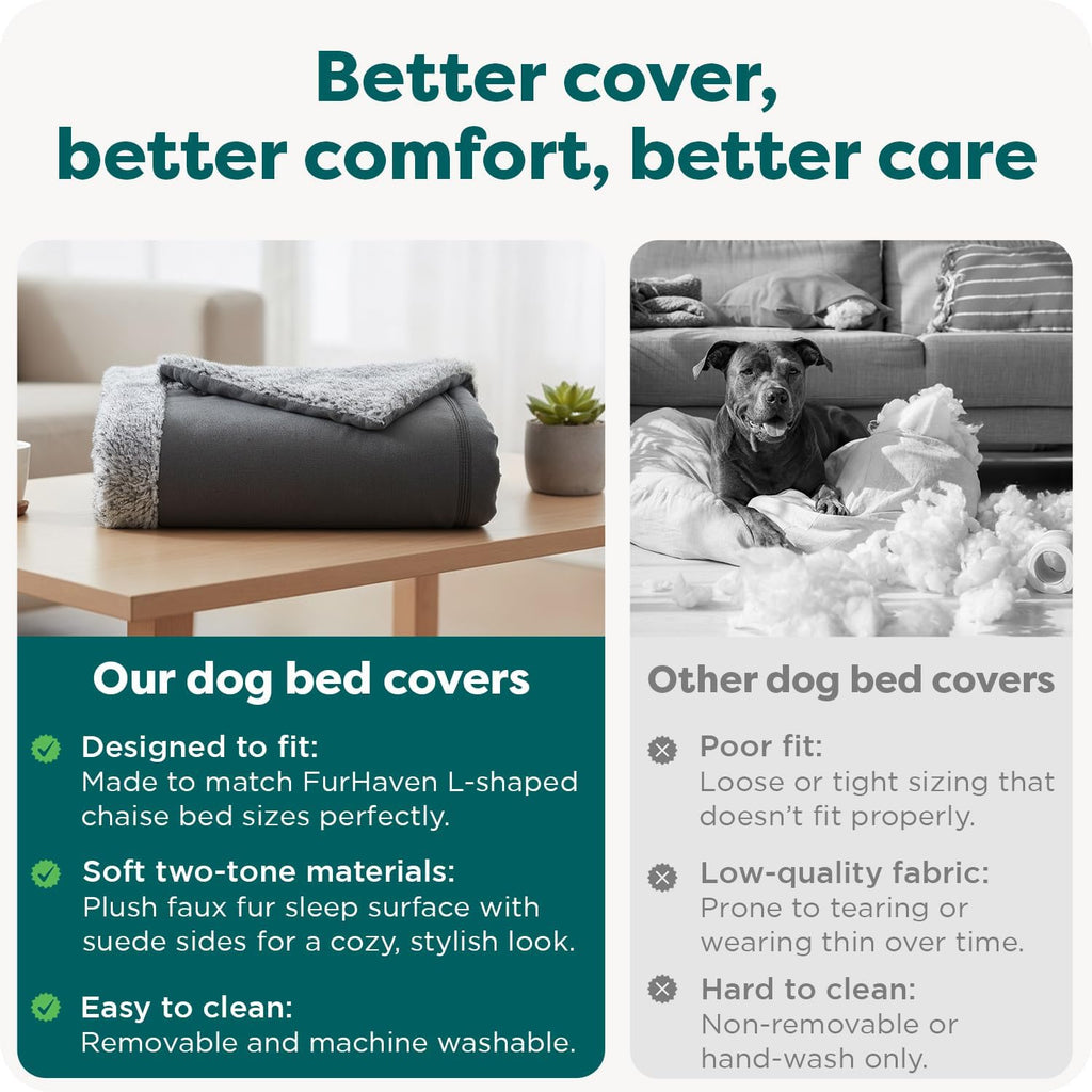 FurHaven Replacement Dog Bed Cover, Two-Tone Bed Cover for L-Shaped Chaise, Removable Washable Cover, Large, Faux Fur & Suede, Stone Gray