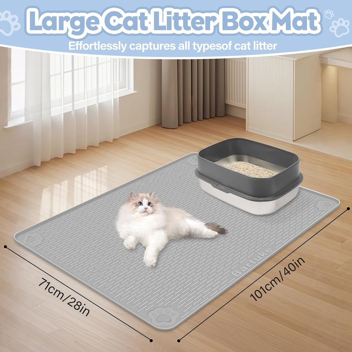 Silicone Cat Litter Mat for Litter Box 40”x28” Large Cat Mat, Light Grey | Waterproof, Non-Slip, Leak-Proof Rug Mat with Lip, Easy to Clean, Extra Large Litter Catcher Mat for Floor