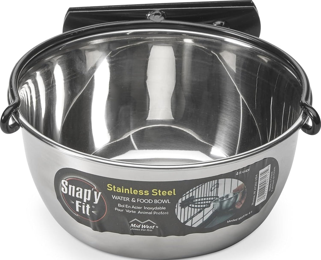 MidWest Homes for Pets Snap'y Fit Stainless Steel Food or Water Bowl, Holds 1 Quart, Mounts to Wire Crates, No-Tip Design, Rust-Resistant, for Dogs and Cats 