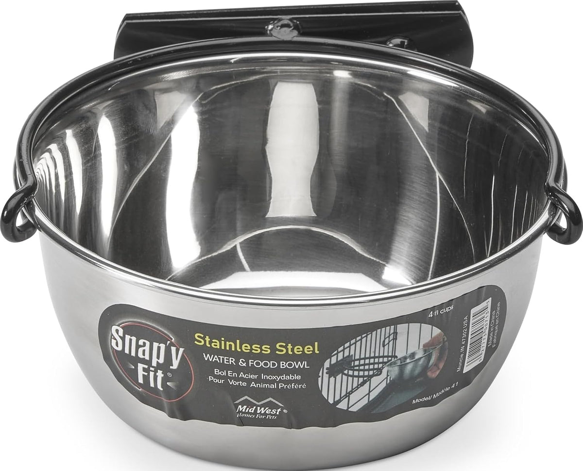 MidWest Homes for Pets Snap'y Fit Stainless Steel Food or Water Bowl, Holds 1 Quart, Mounts to Wire Crates, No-Tip Design, Rust-Resistant, for Dogs and Cats 