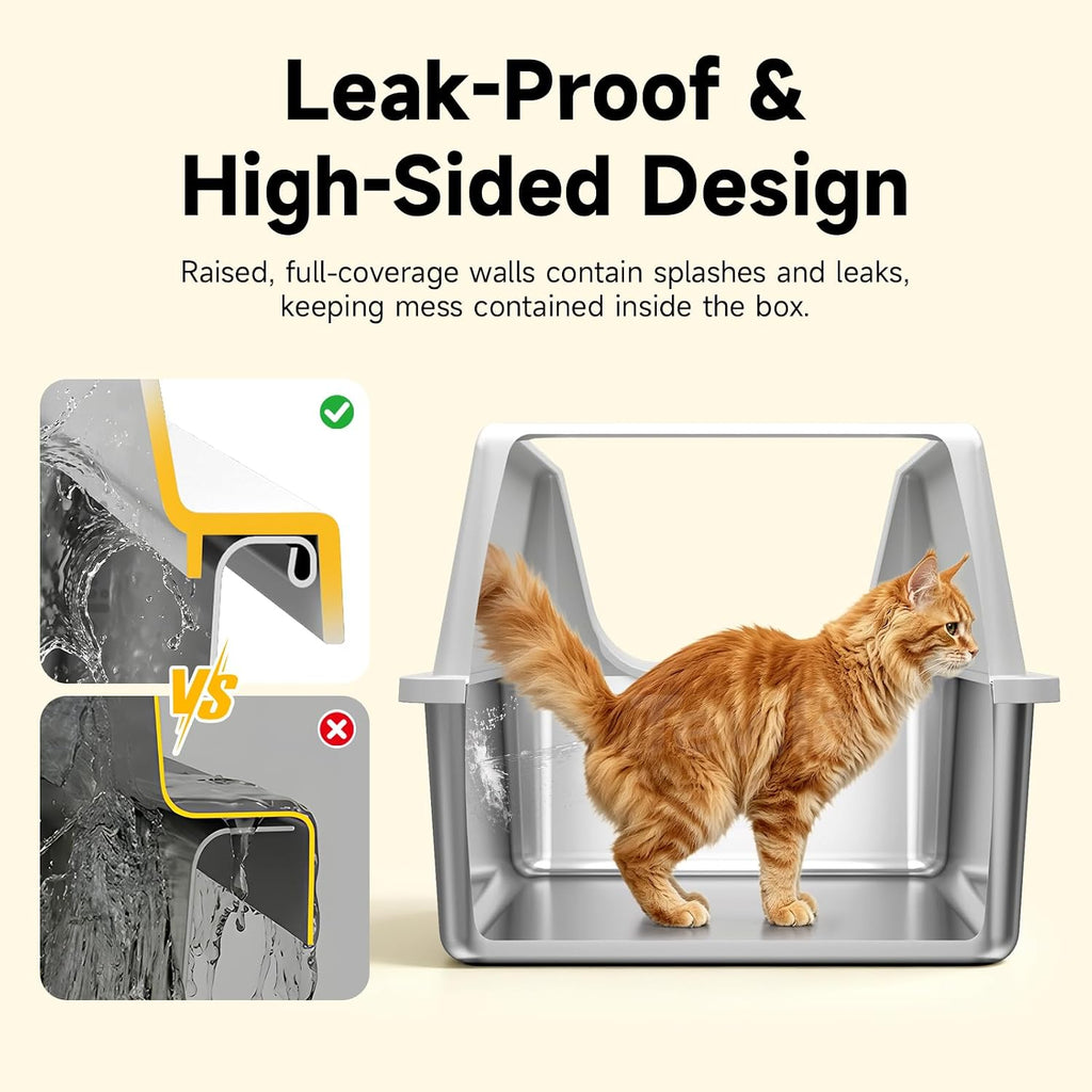 XL Open Top Stainless Steel Litter Box with High Sides,Gray | Extra Large Tall Wall Open Top Deep Metal Pan, Anti-Leak Non-Stick Odor Control
