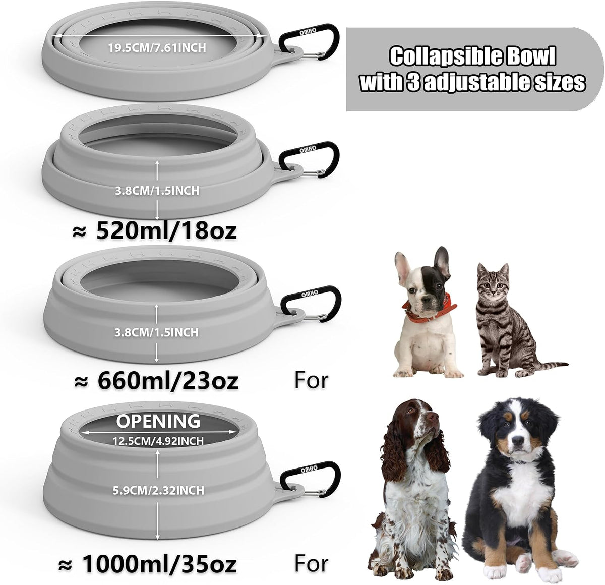 OHMO Spill Proof Collapsible Dog Bowl, 34oz Portable Dog Water Bowl | Low Center Gravity Stability, Tapered Splash Control, Foldable, Dishwasher Safe, Dog Travel Essential, Ash