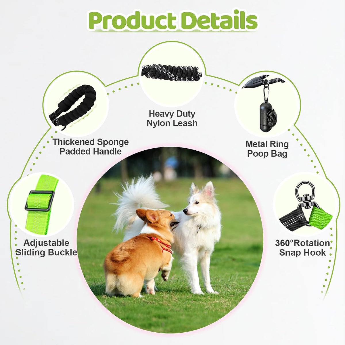 Double Dog Leash - 360°Swivel Tangle Free Splitter Attachment, 1 Rope with Handle, 2 Dogs Multi-Functional Leash, for Outdoor Walk Train Small Medium Large Two Pet, Green
