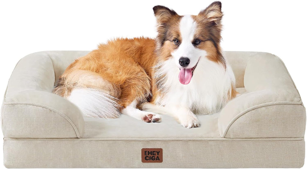 EHEYCIGA Orthopedic Dog Beds for Large Dogs, Waterproof Memory Foam Large Dog Bed with Sides, Non-Slip Bottom and Egg-Crate Foam Pet Couch Bed with Washable Removable Cover, Beige