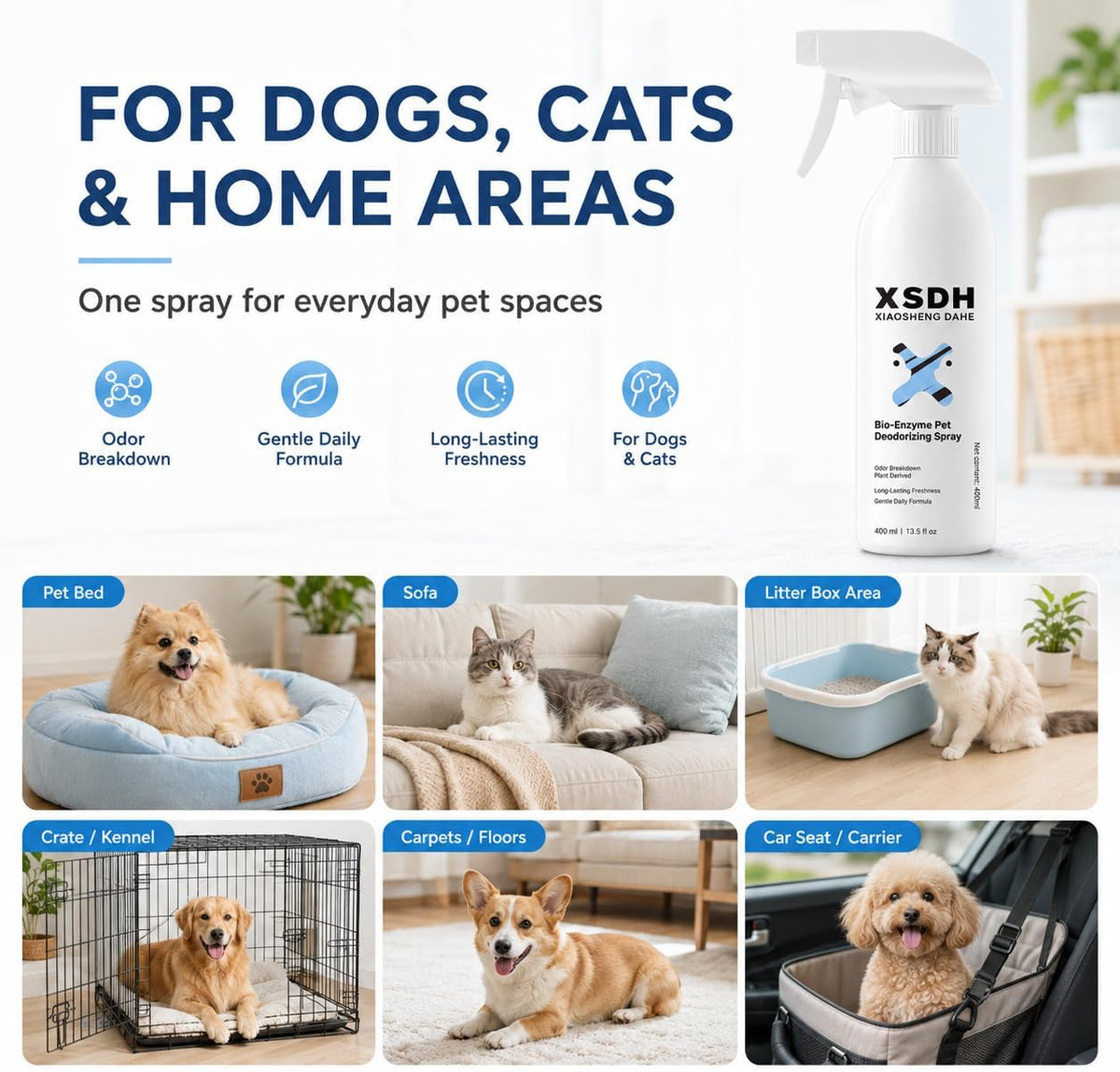Pet Odor Deodorizing Spray, Bio-Enzyme Stain & Strong Odor Eliminator Spray for Dog Cat Pee Urine Pop, No-Rinse Air Freshener Spray for Smelly in Beds, Sofa, Carpet, Upholstery in Home & Car, 400ml