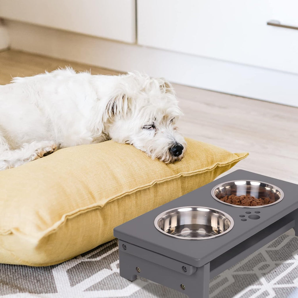 HTB Elevated Dog Bowl Stand with 2 Stainless Steel Bowls-4" H Small Grey | Raised Dog Bowl Stand, 4"tall, 21 Oz Bowls, for Small Sized Dogs, Pet-safe, Solid Bamboo