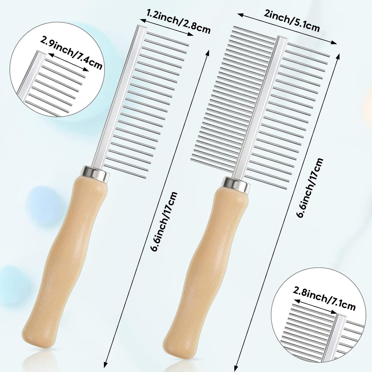2 Pcs Pet Grooming Combs, Double Side Metal with Wooden Handle