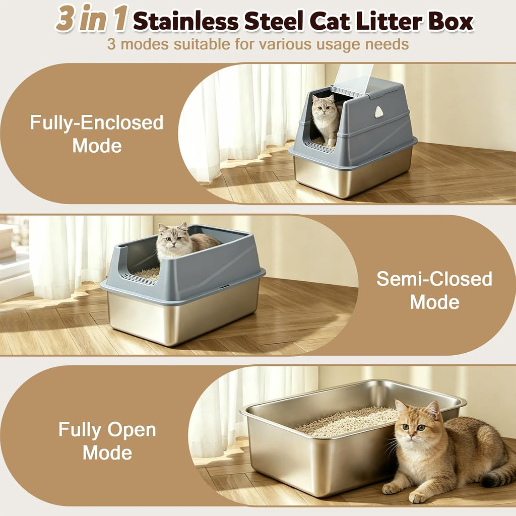 Stainless Steel Litter Box with Lid,Large Covered Enclosed Kitty Box,Enclosed High Sided Litter Box with Moveable Lid,Odor Free, Anti-Leakage with Litter Scoop for Kitty to Medium Cats(Grey)