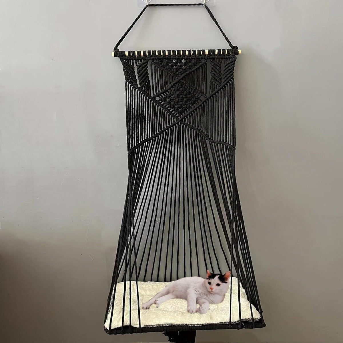 Macrame Hanging Cat Hammock Bed Cat Swing House Space Saving Window Perch with Washed Cotton Cats Toy Tassel Basket Tapestry (Black, Swing Bed+Cushion, XL)