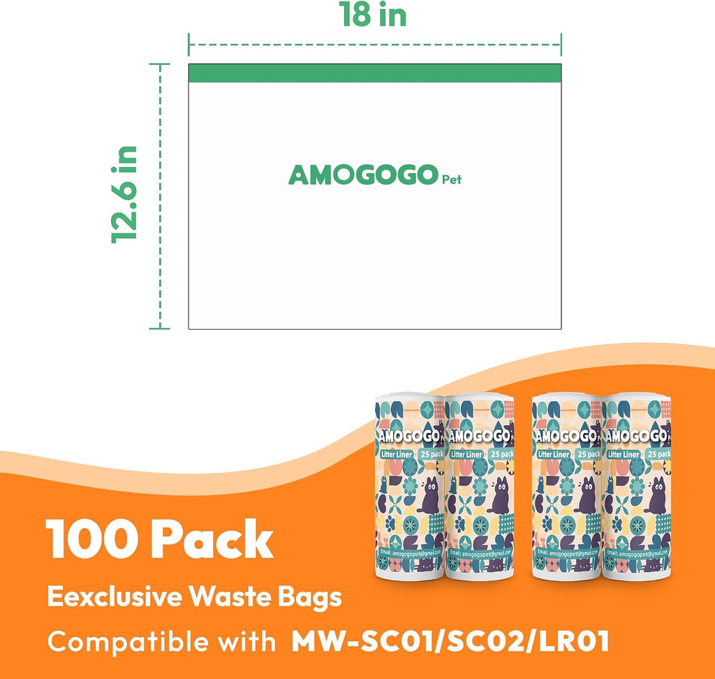 100 Pcs Litter Box Liner Bags, Compatible with Meowant MW-SC01, SC02, SC09 and MW-LR01, Automatic Litter Box Heavy Duty Replacement Waste Bags, Leak-proof Trash Bags, 18.5" x 12.6"