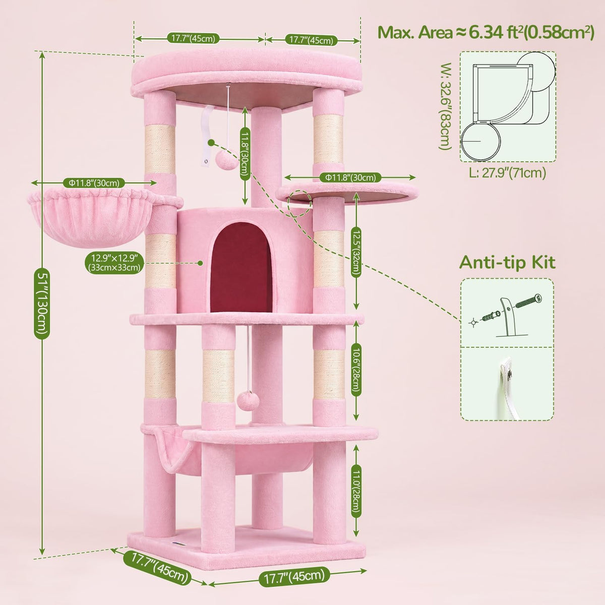 Globlazer Pink Corner Cat Tree Tower with Scratching Post, C51, Pink