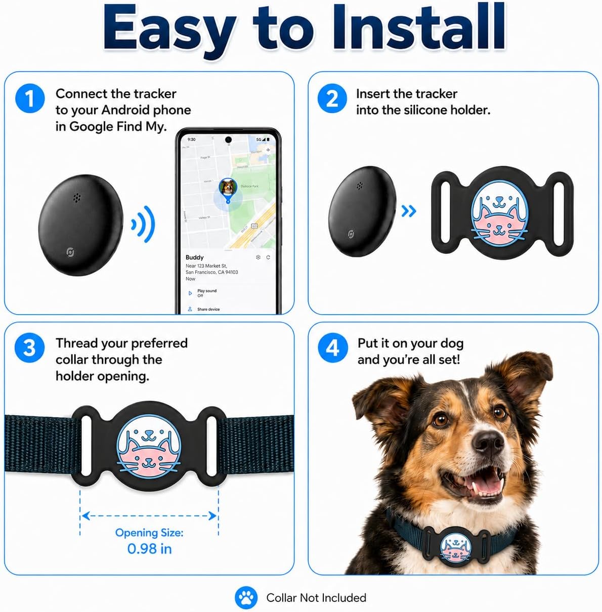 GPS Collar for Dogs, Pet Tracker for Dogs (Android Only), Waterproof Smart Tag Compatible with Google Find My, No Monthly Fee, Dog GPS Tracker Collar for Small Large Dogs (Android Tracker for Dog)