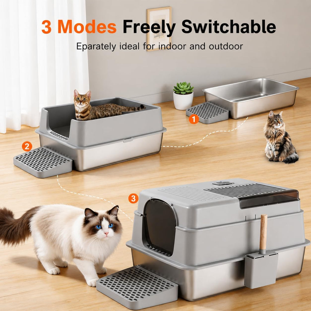 KalraMay Extra Large XXXL/XXL Stainless Steel Litter Box with Lid, Gray