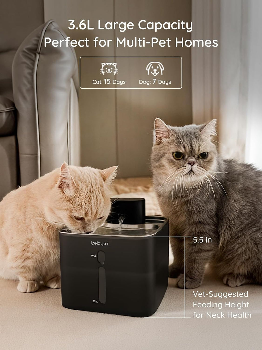 BELLA & PAL Wireless Cat Water Fountain: 122oz Stainless Steel, 3 Flow Mode