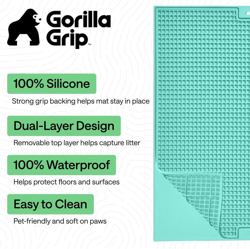GORILLA GRIP Cat Litter Mat, Dual Layer Silicone Tray, 24x15, Turquoise