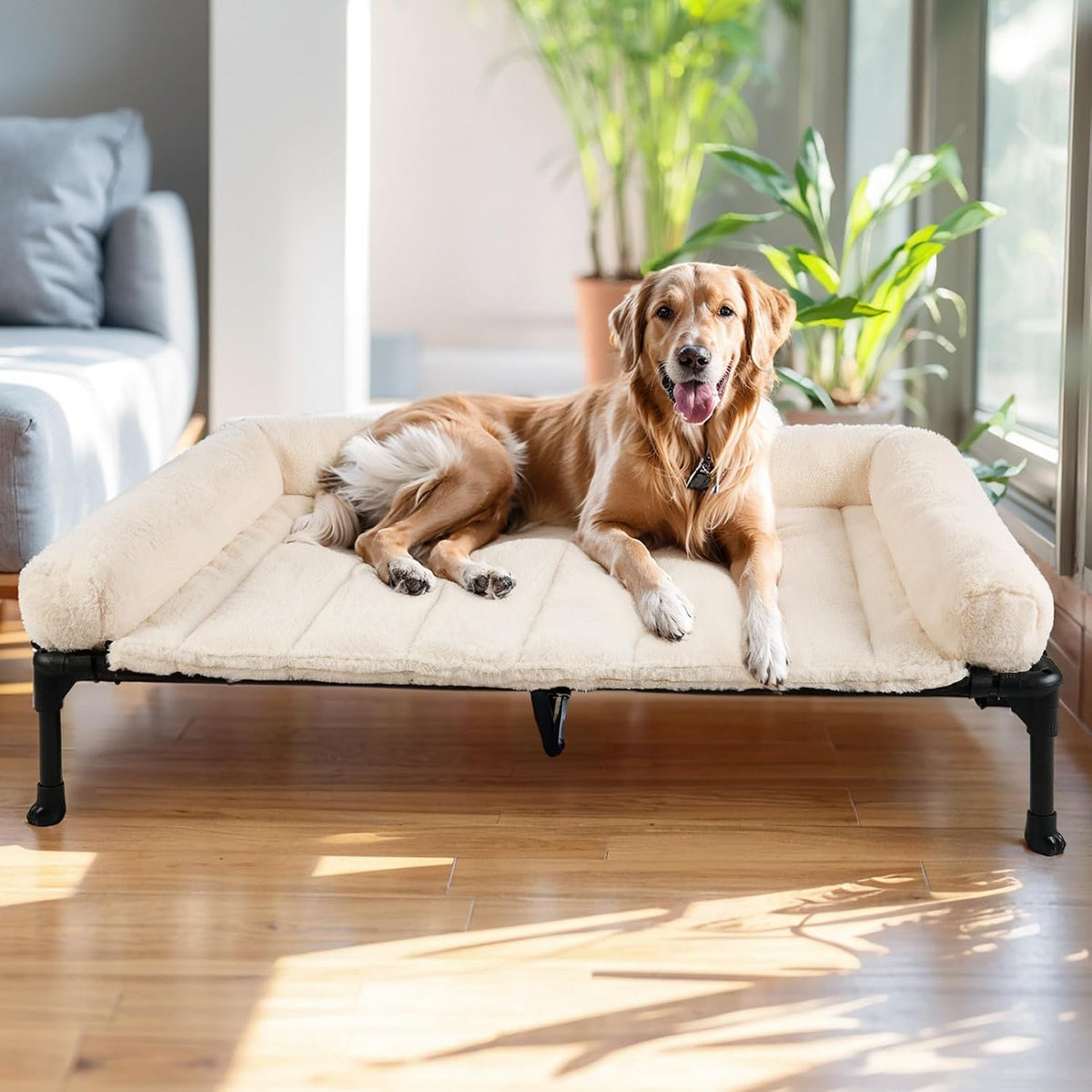 Veehoo Elevated Dog Beds Large Sized Dog with Fluffy Plush Bolster Cushion