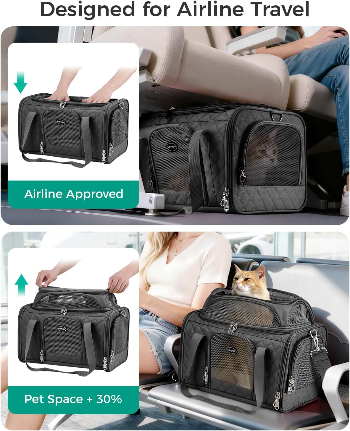 Pet Carrier Airline Approved 18x13x9.5 in, Soft-Sided Top-Expandable, Black
