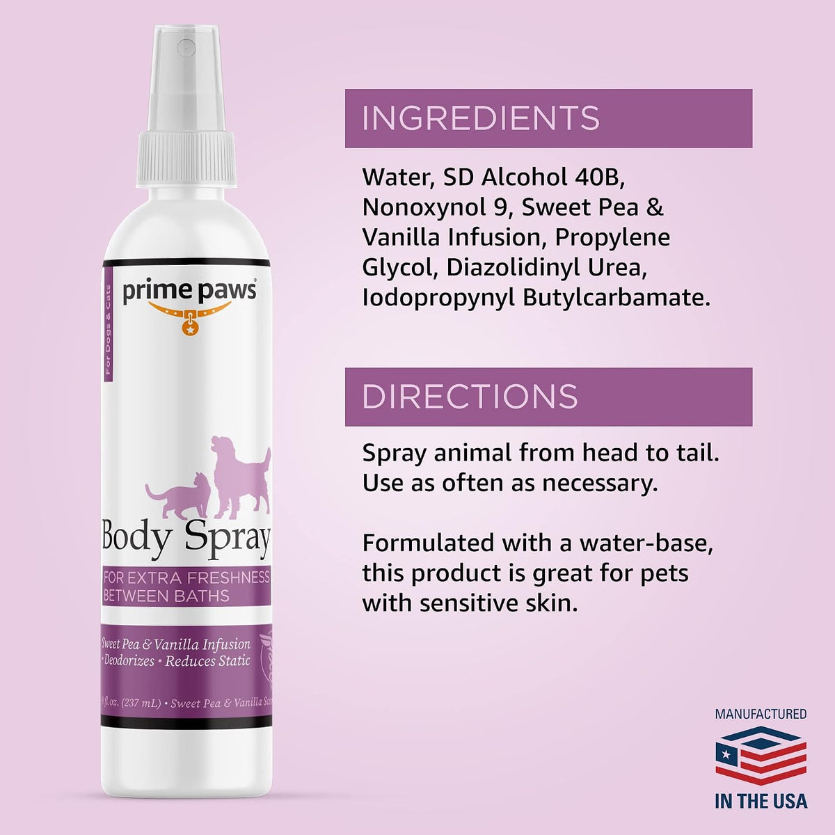 Body Spray for Dogs and Cats - Long Lasting Cat Cologne & Odor Eliminator - Dog Spray Deodorizer Perfume for Grooming & Reducing Static - Sweet Pea & Vanilla Scent - 8 oz, White (PRIM1048)