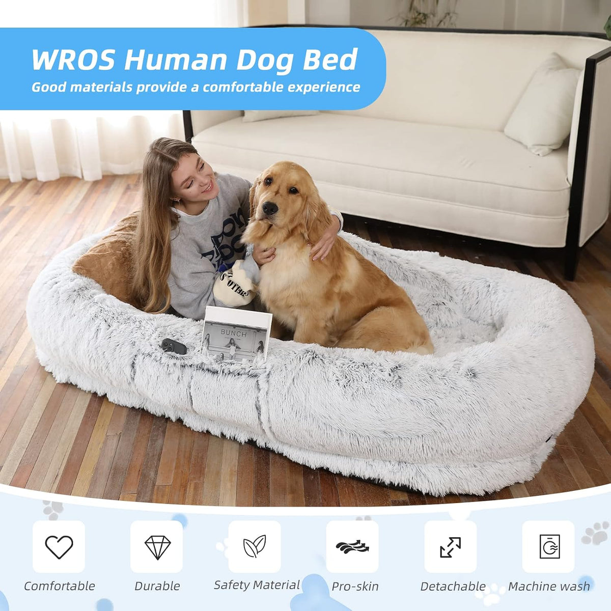 WROS Human Dog Bed for Adult, 71"x45"x12" Giant Calming Nest Beds, Grey