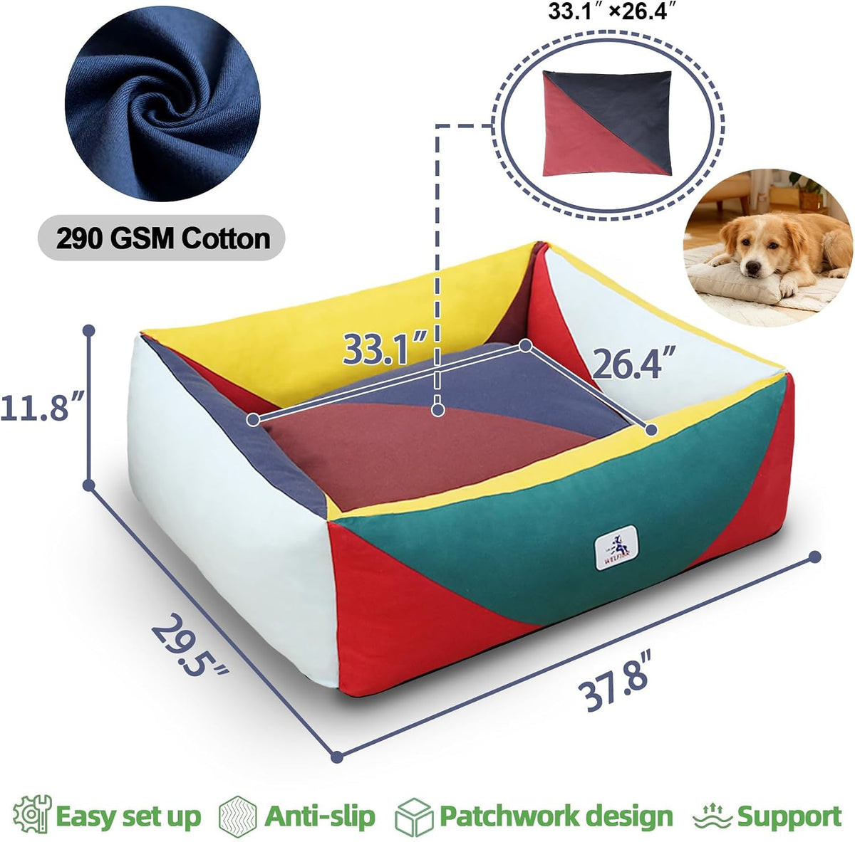 Cotton Canvas Dog Bed (290gsm Thick) 38"x30"x12" Durable Waterproof